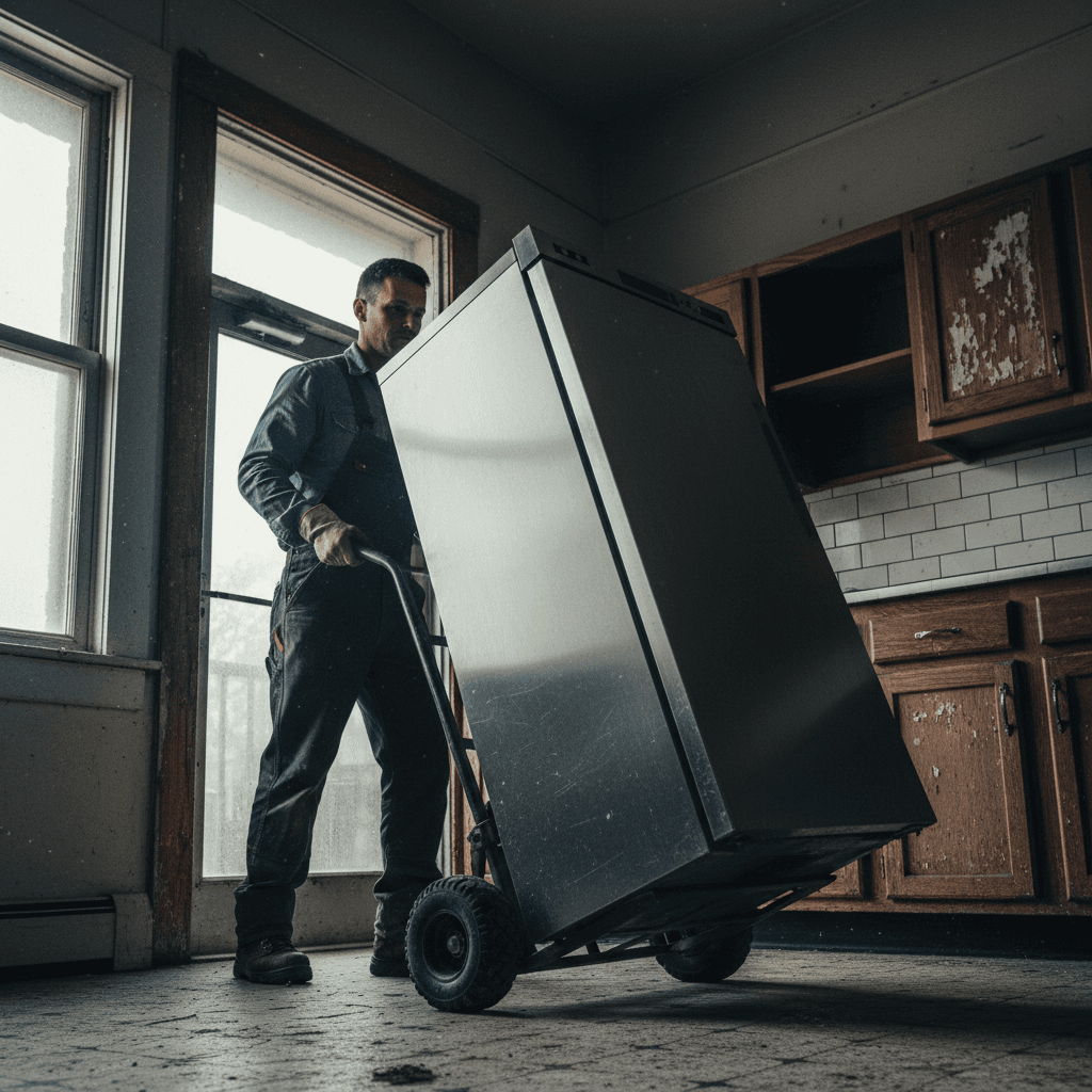 Worker carefully wheeling refrigerator out of kitchen