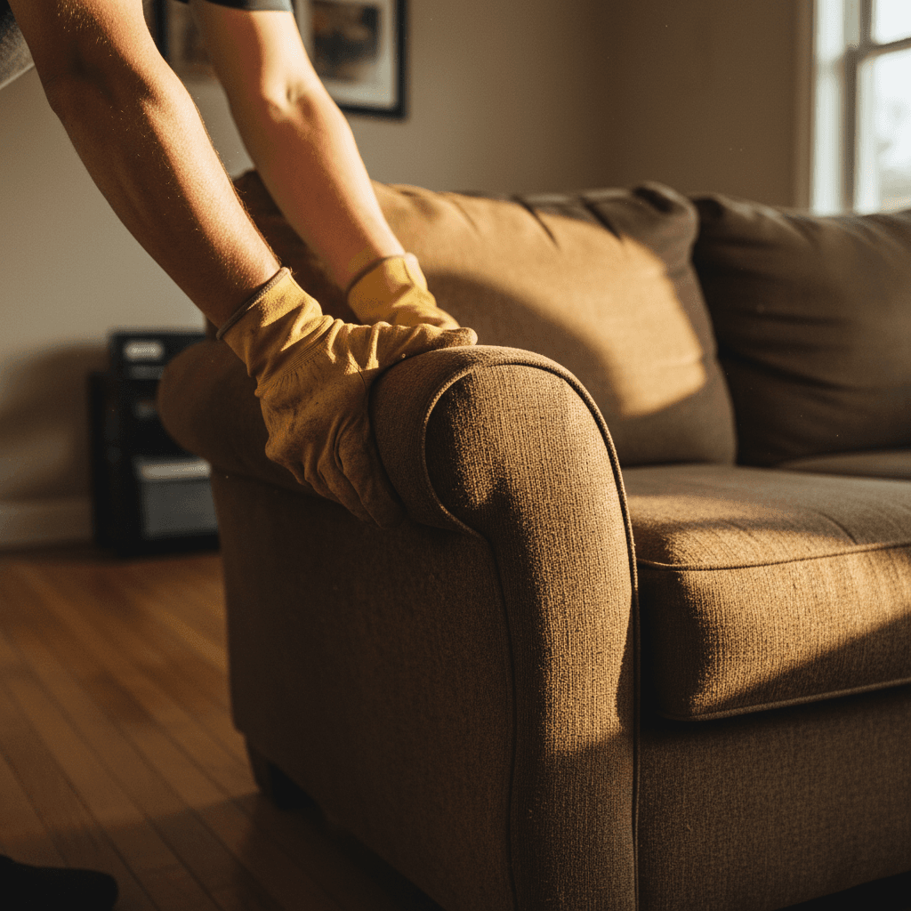 Worker removing a couch from a New York apartment