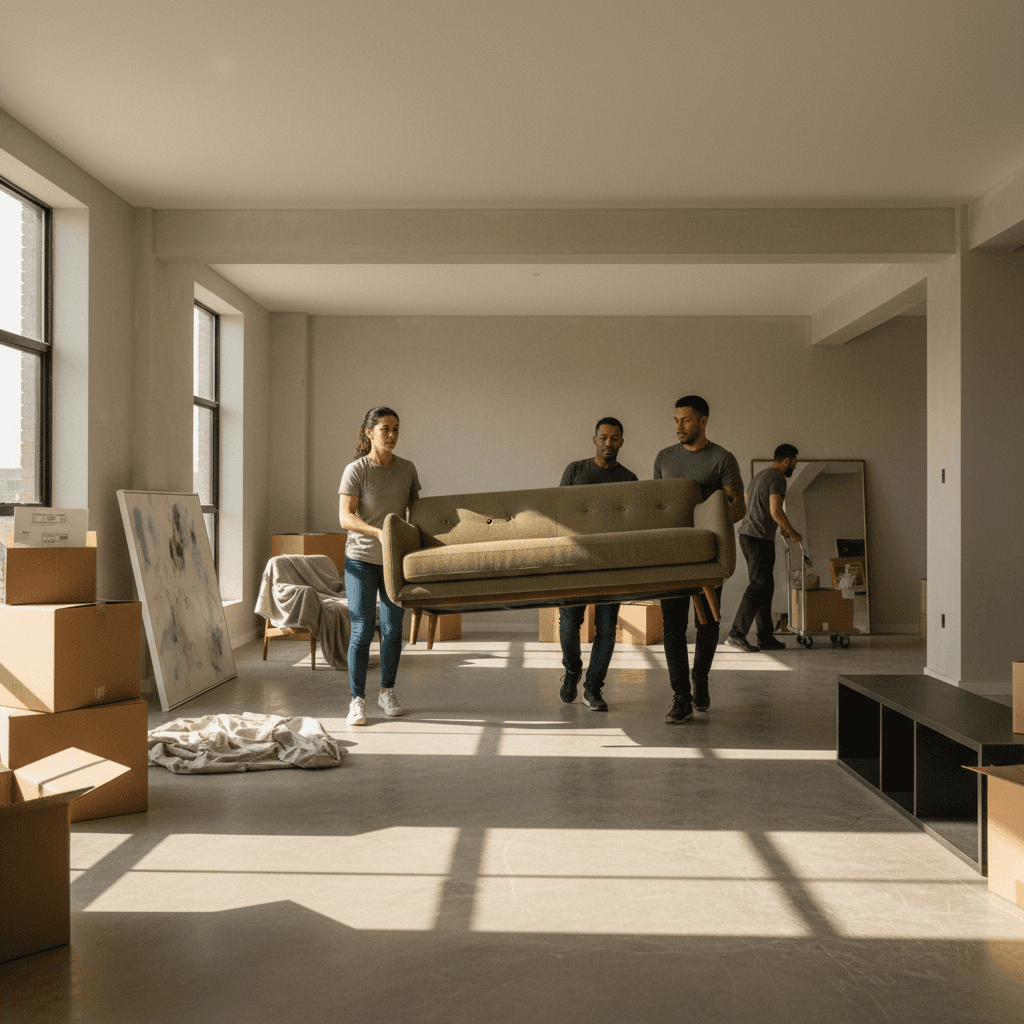 Full apartment cleanout in progress with movers removing furniture and personal items