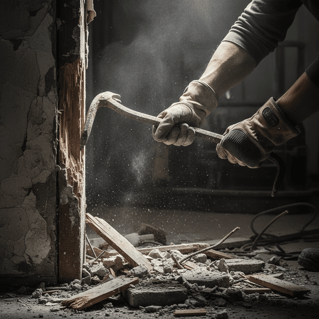 Demolition worker using pry bar on interior wall