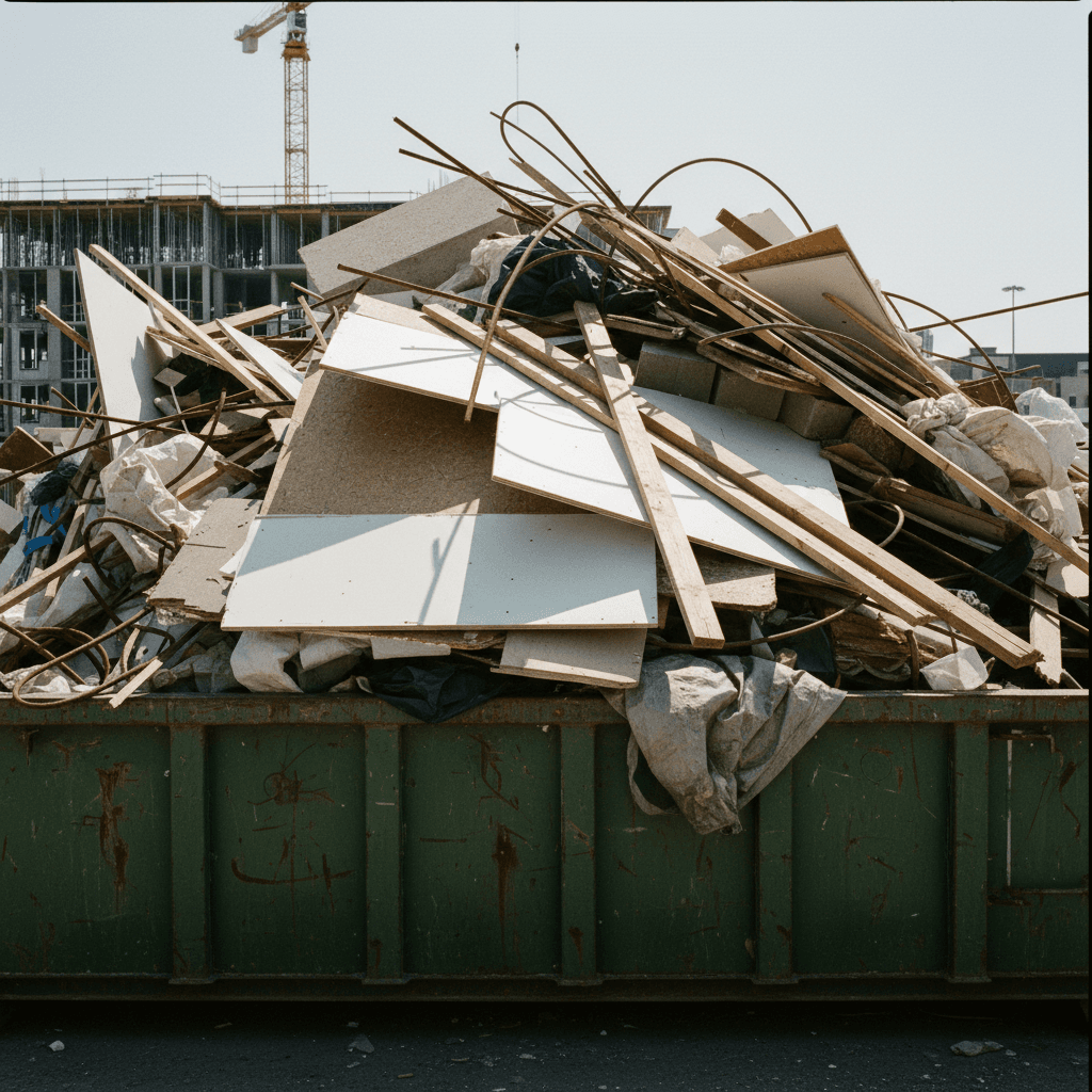 Construction debris pile in industrial dumpster