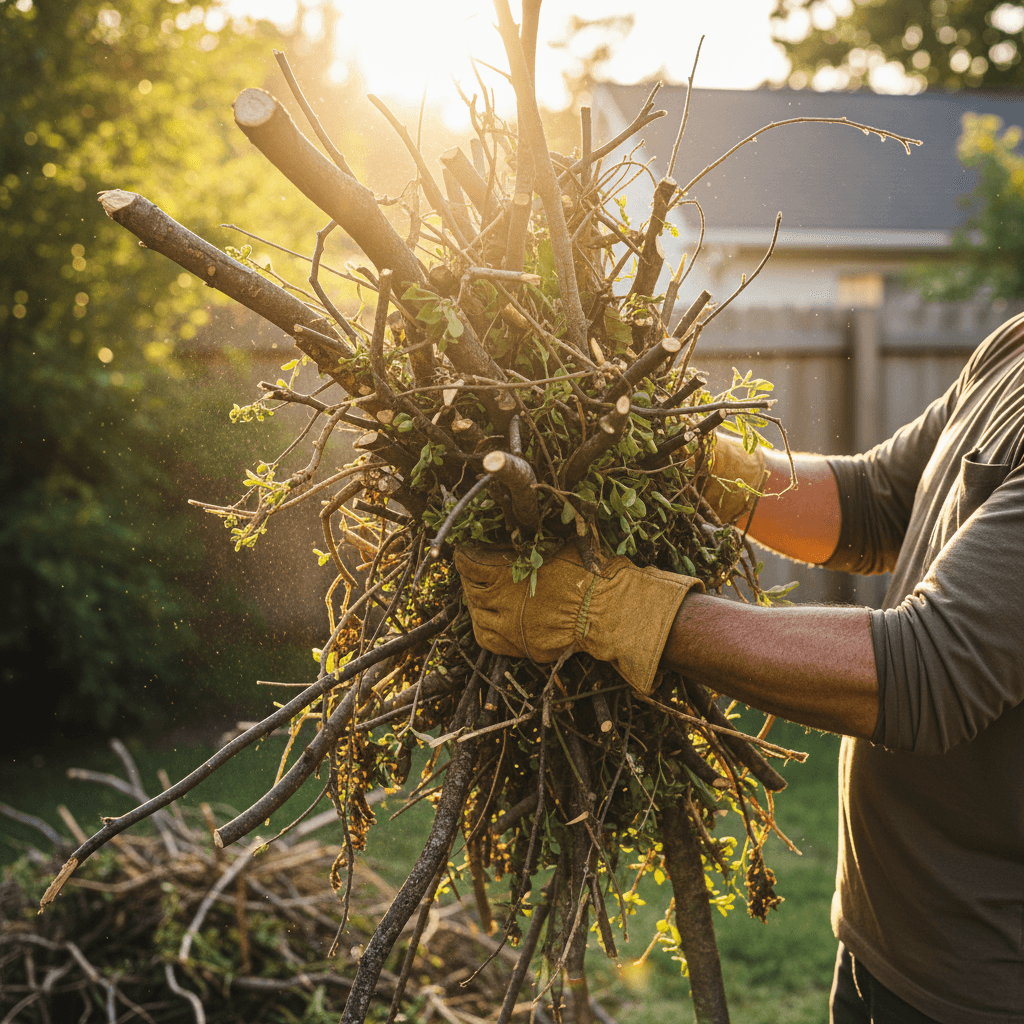 Worker clearing yard waste and branches from a New York property