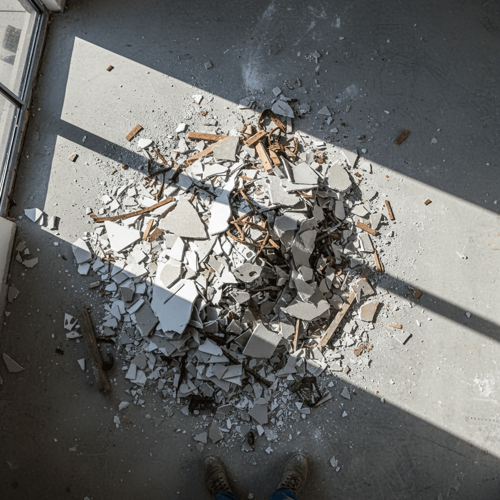 Overhead view of construction debris scattered on a floor during a renovation cleanout
