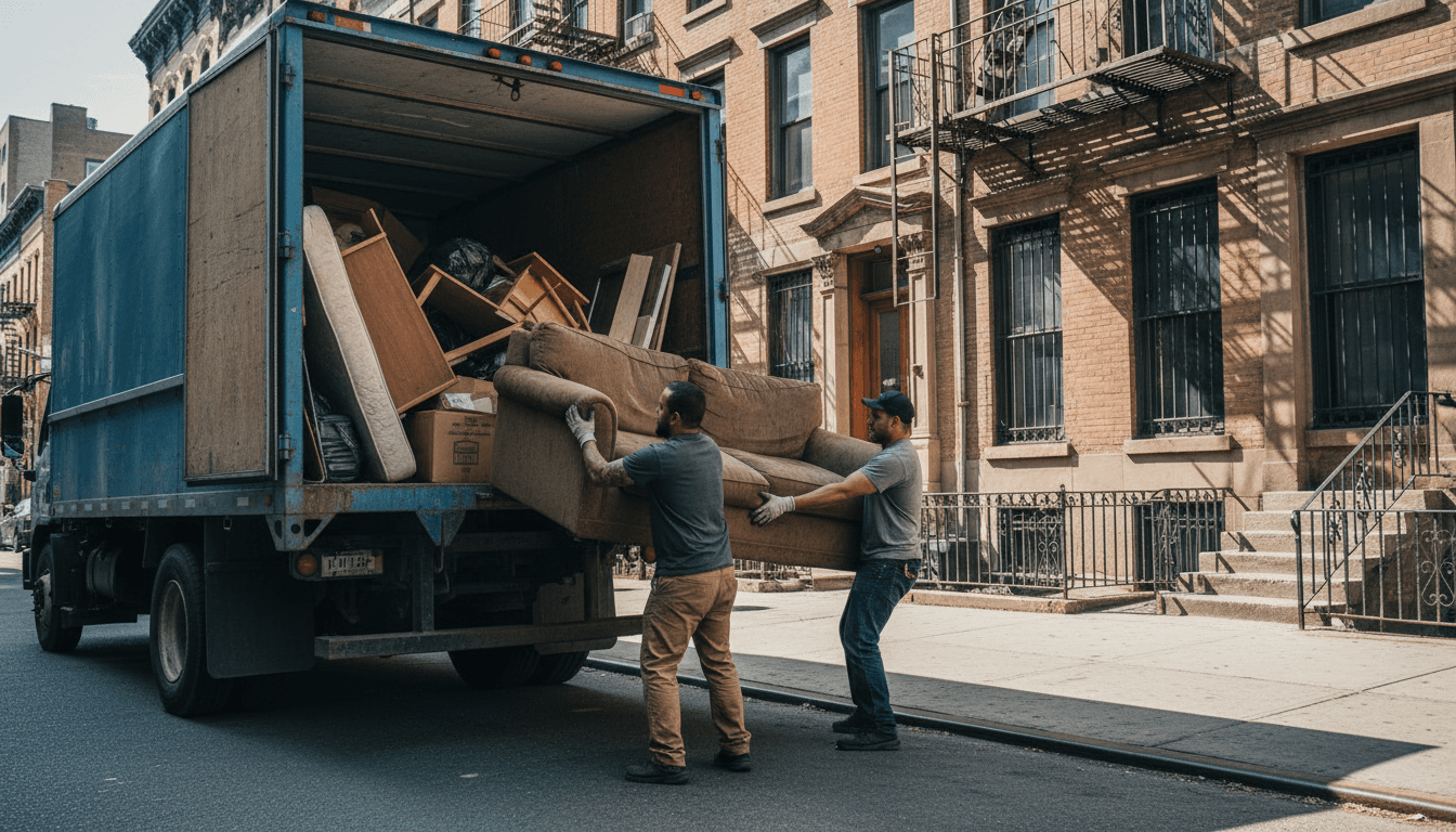 Five Boroughs Junk Removal crew loading furniture and debris into truck on NYC street