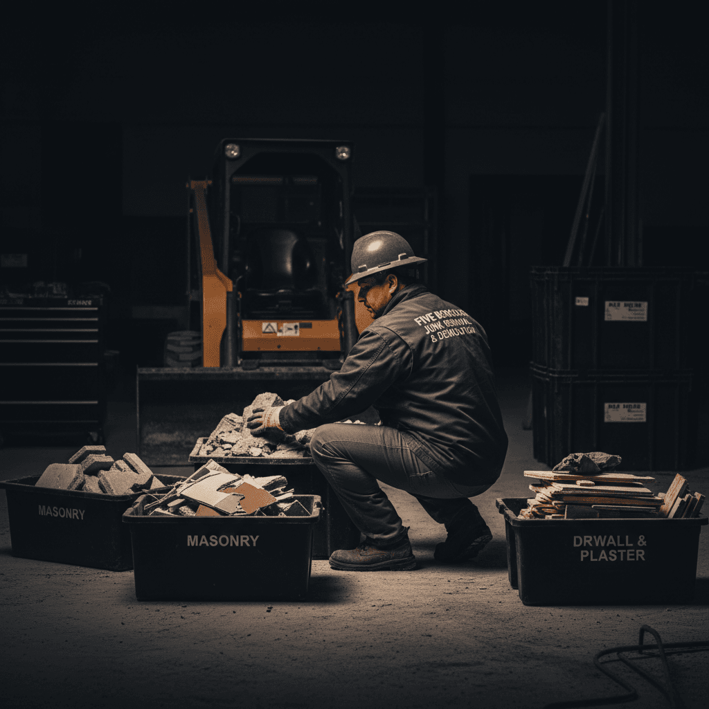 Worker sorting construction debris by material type