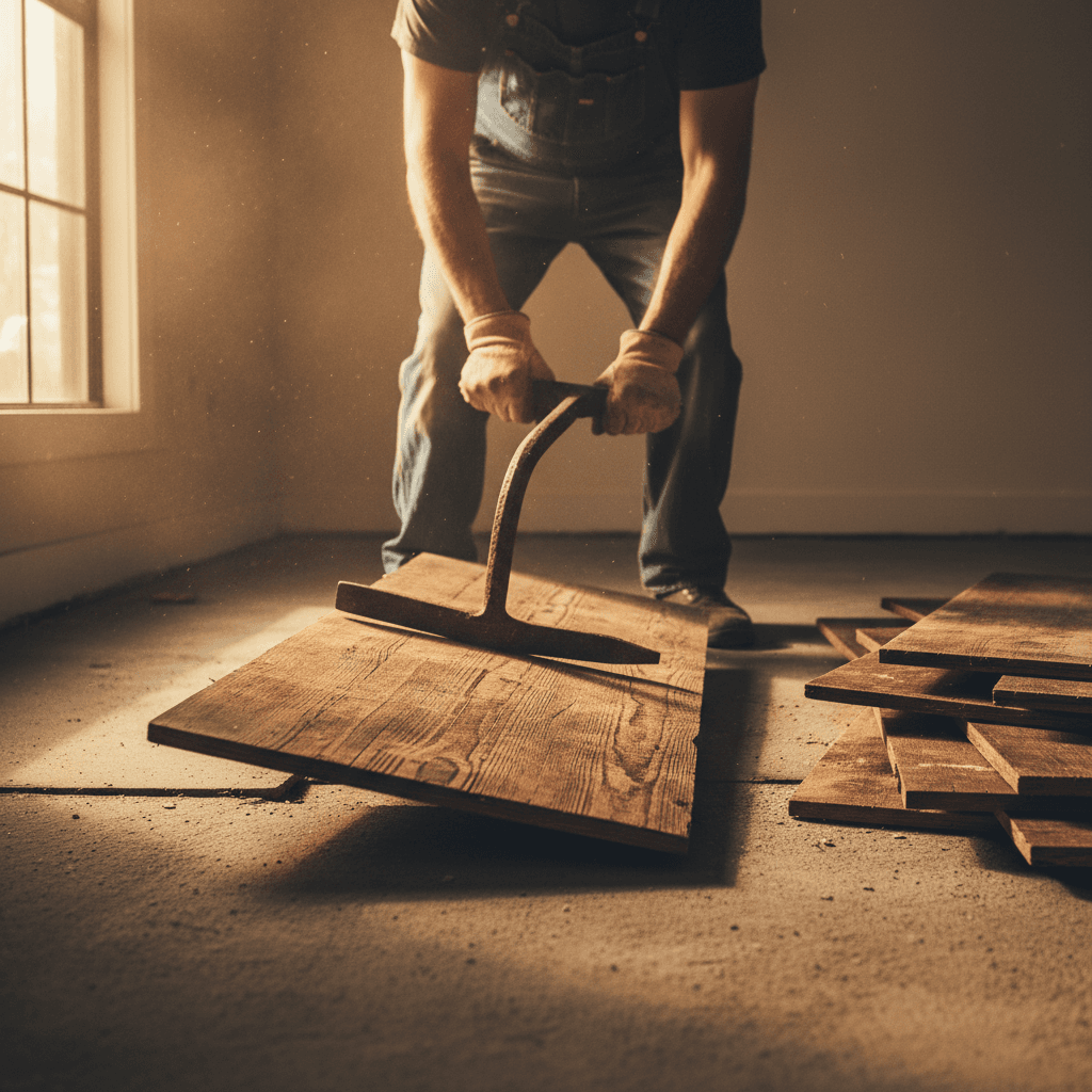 Flooring removal revealing subfloor