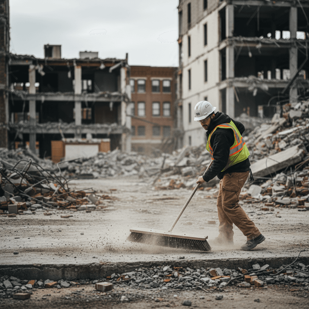 Post-demolition site cleanup and sweeping