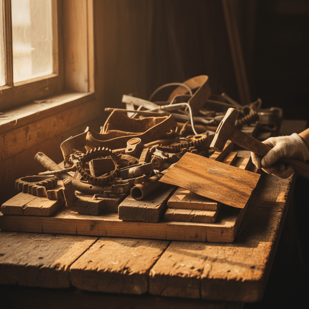 Sorted metal and wood construction debris