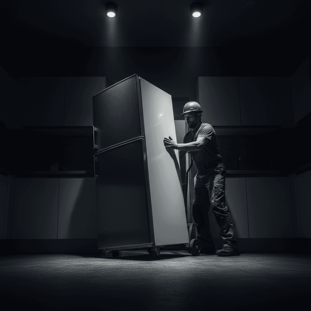 Worker removing a refrigerator from a New York kitchen