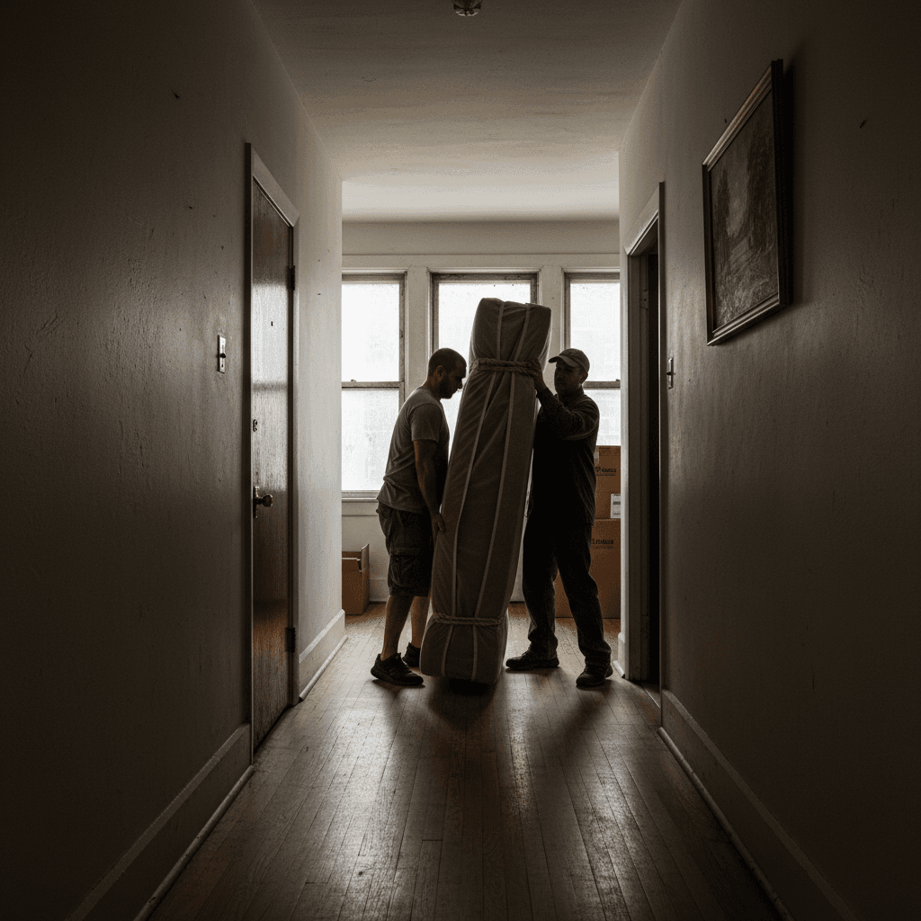 Workers carrying rolled mattress down apartment hallway
