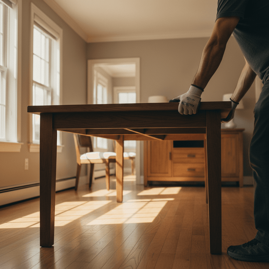 Wooden dining table being maneuvered during residential removal