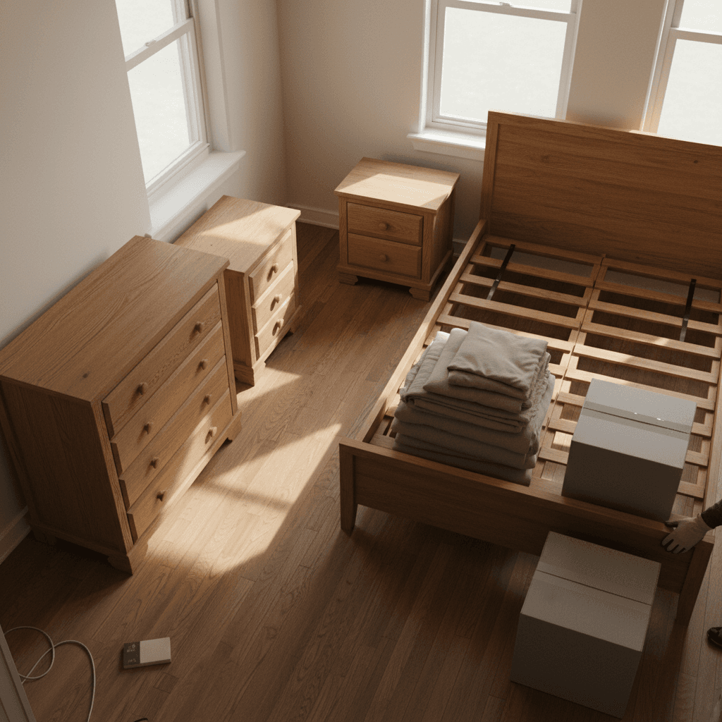 Bedroom furniture arranged for removal with natural window light