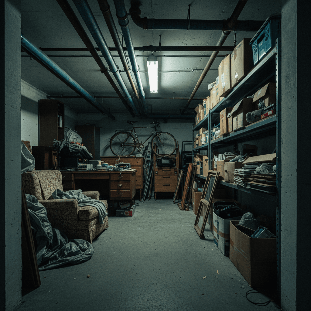 Wide view of a cluttered basement full of stored boxes and old items ready for removal