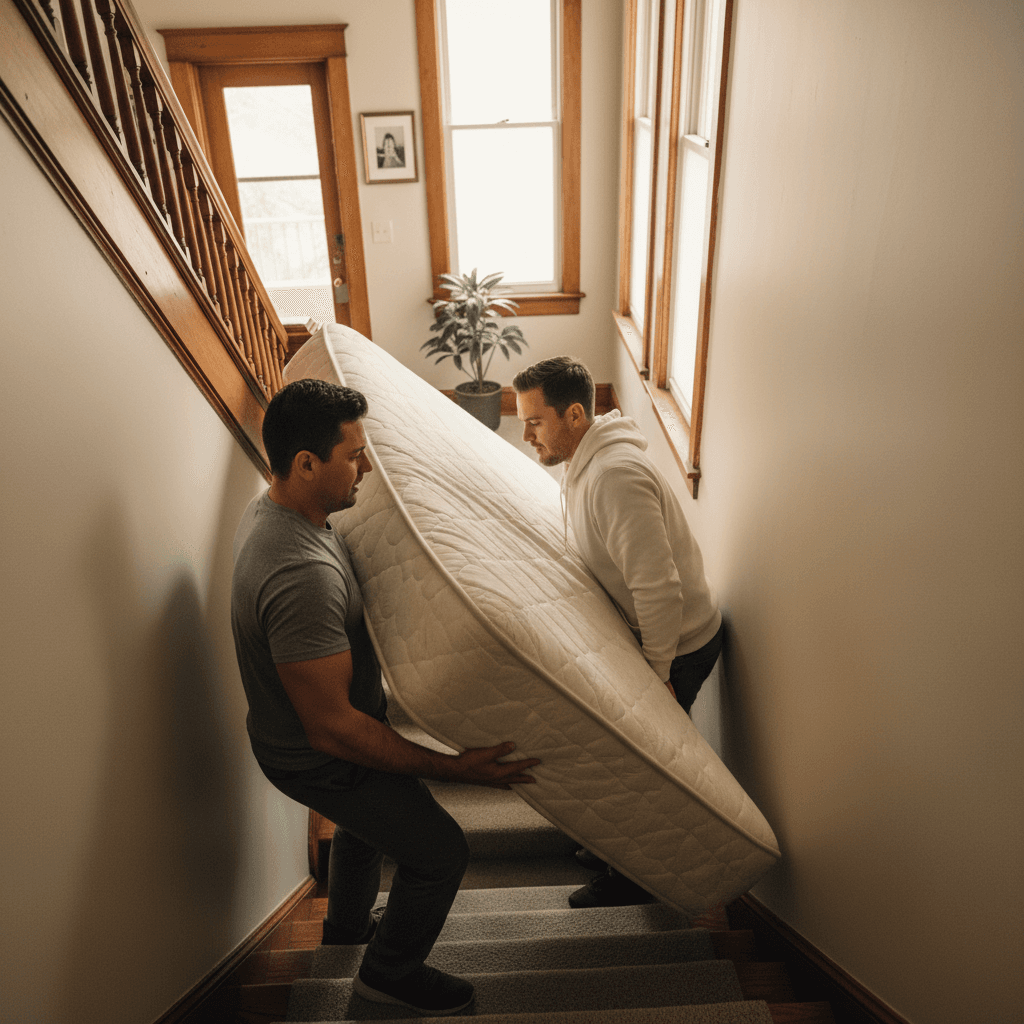 Two crew members carrying mattress down apartment stairs