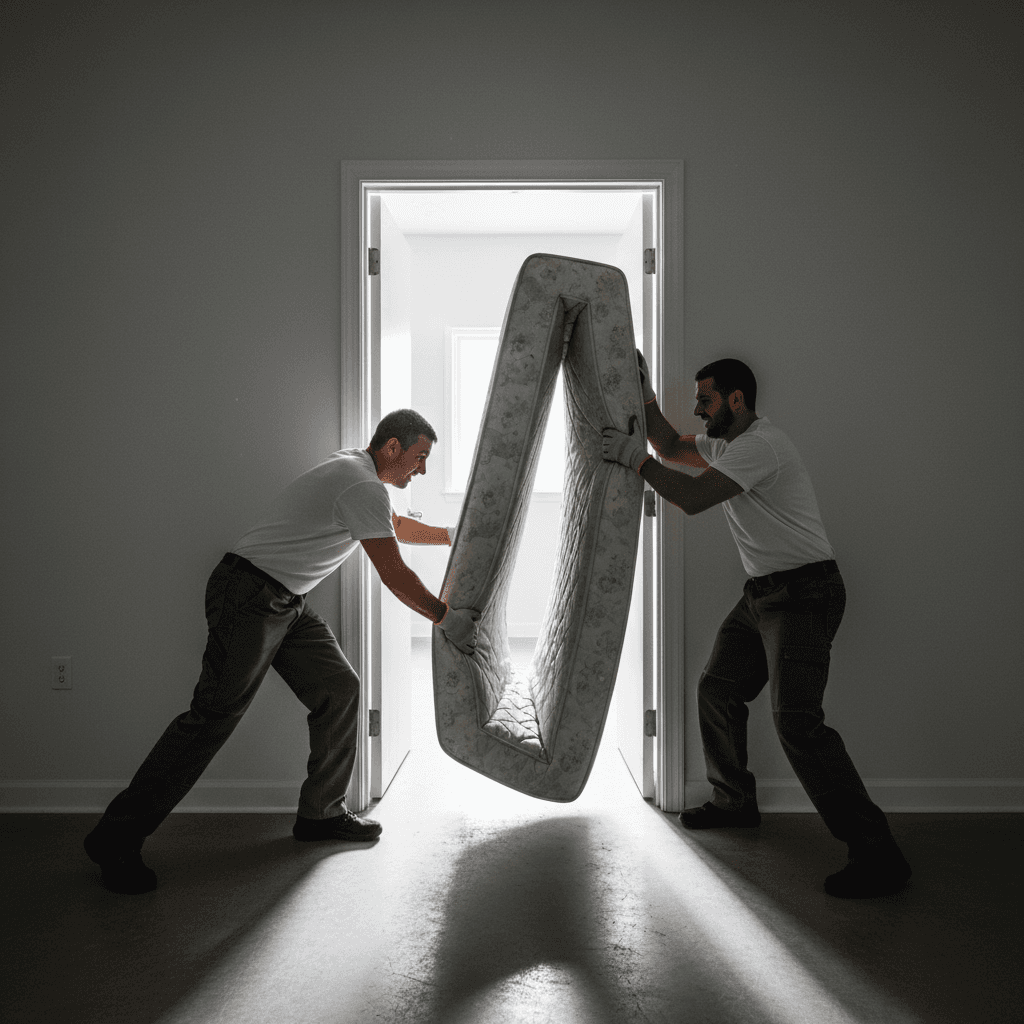 Two workers removing a mattress from a New York apartment building