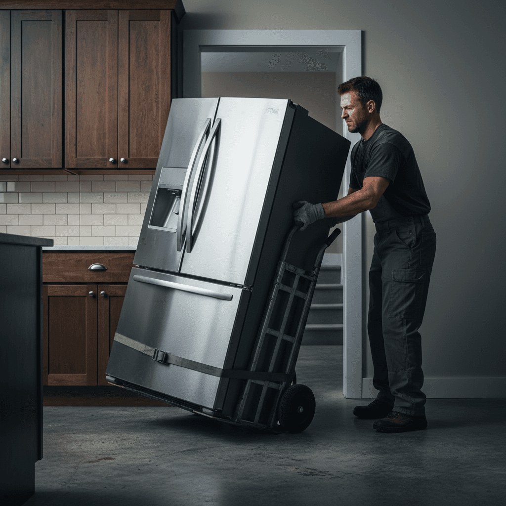 Crew member removing refrigerator with hand truck