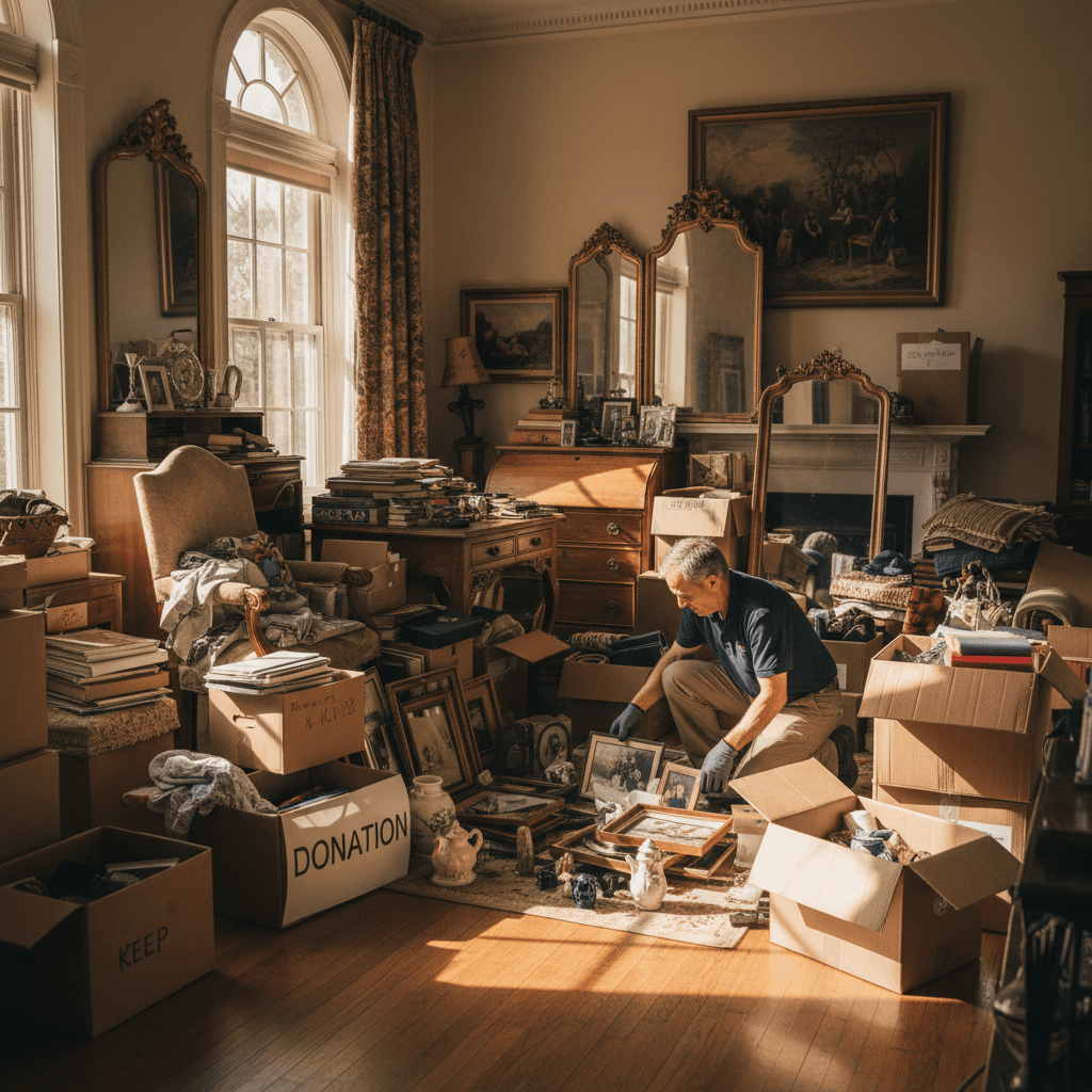 Estate cleanout with organized sorting of belongings