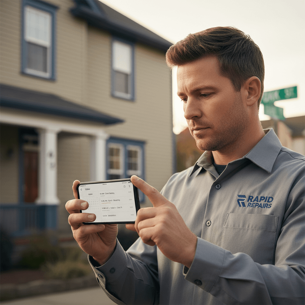 Worker checking schedule on phone for same-day service