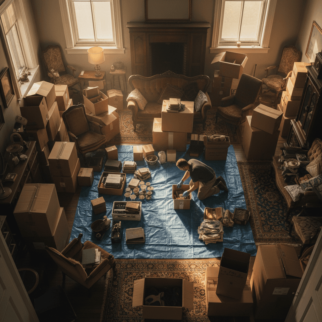Estate liquidation showing organized sorting and removal of accumulated items
