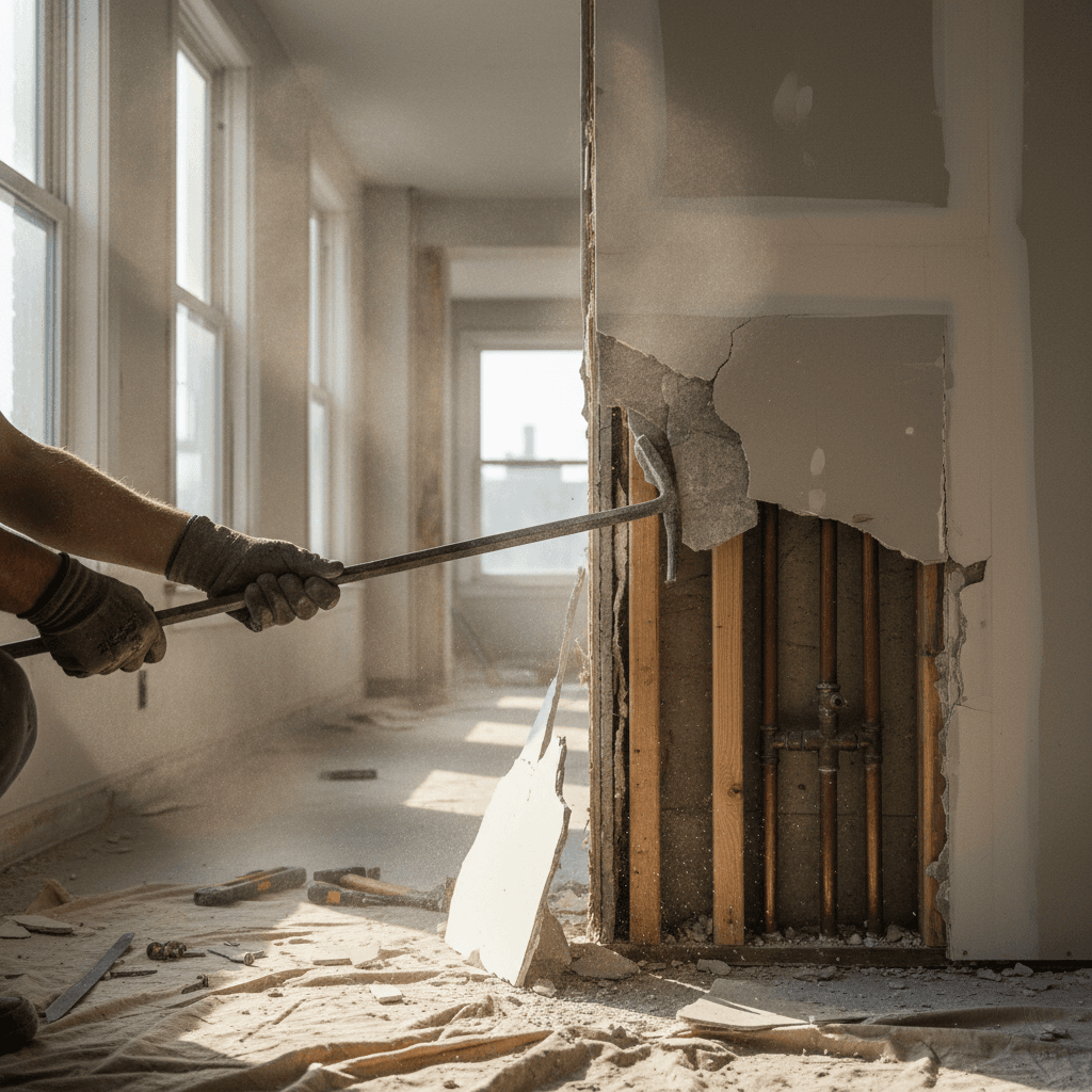 Interior wall removal in progress