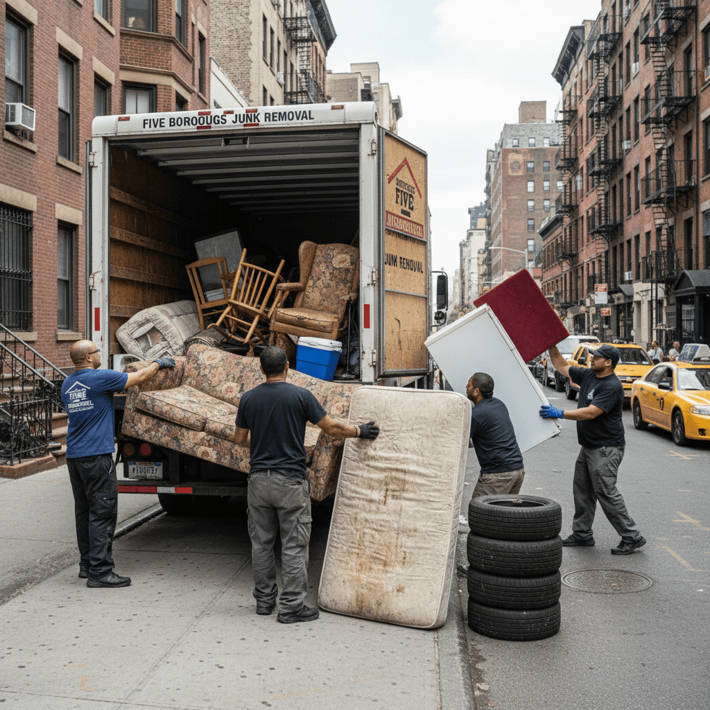 Junk removal truck being loaded with furniture and appliances outside Manhattan building