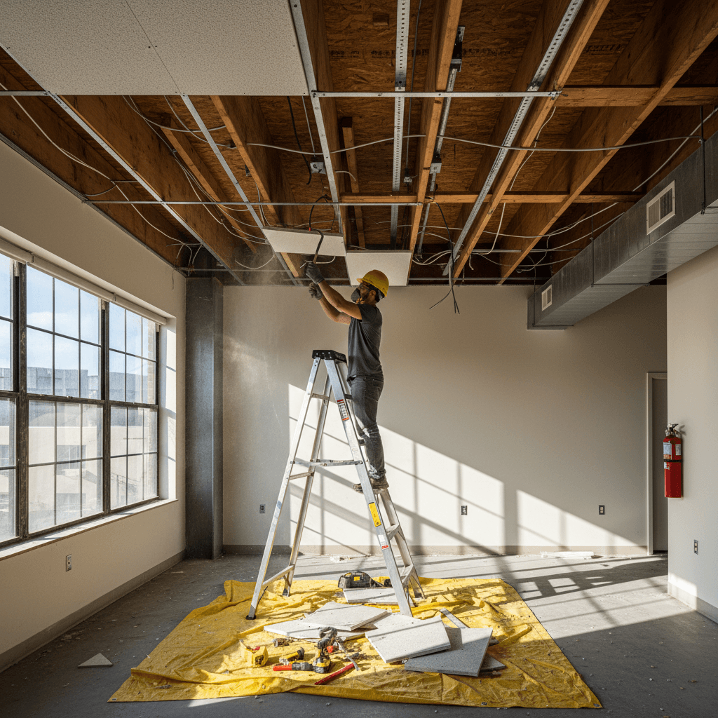 Ceiling demolition with exposed framing