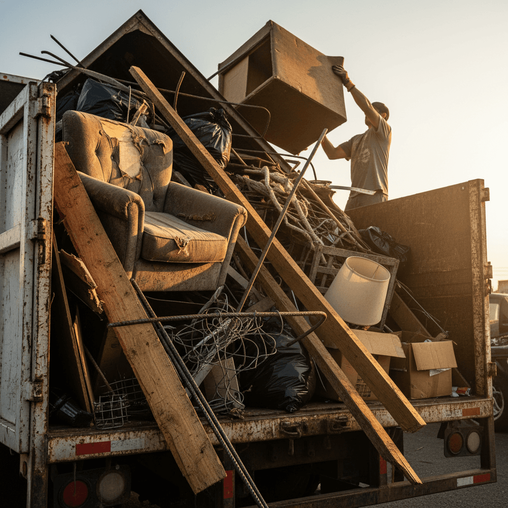 Loaded junk removal truck showing mixed debris and waste materials