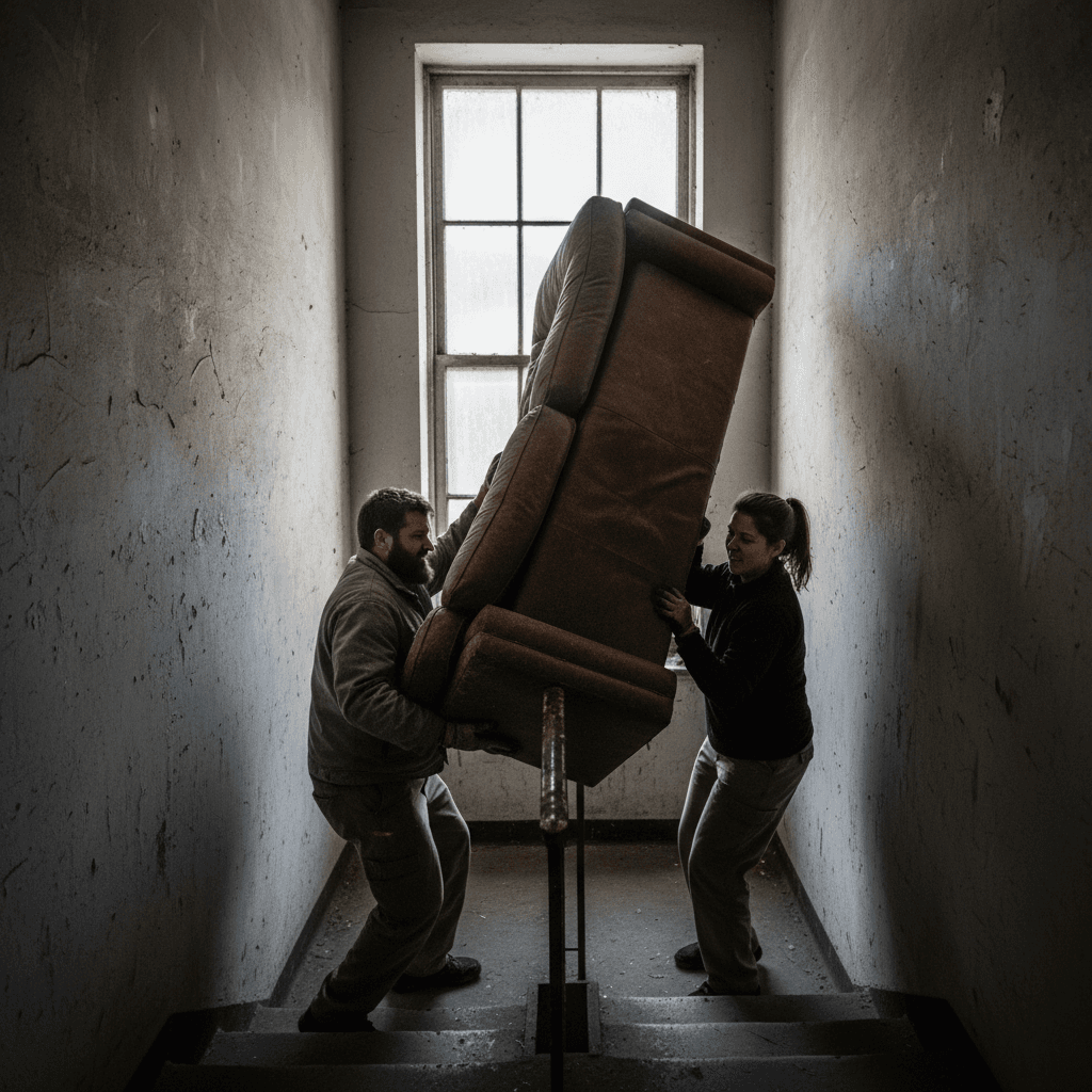 Two workers carefully carrying a sofa down apartment stairs