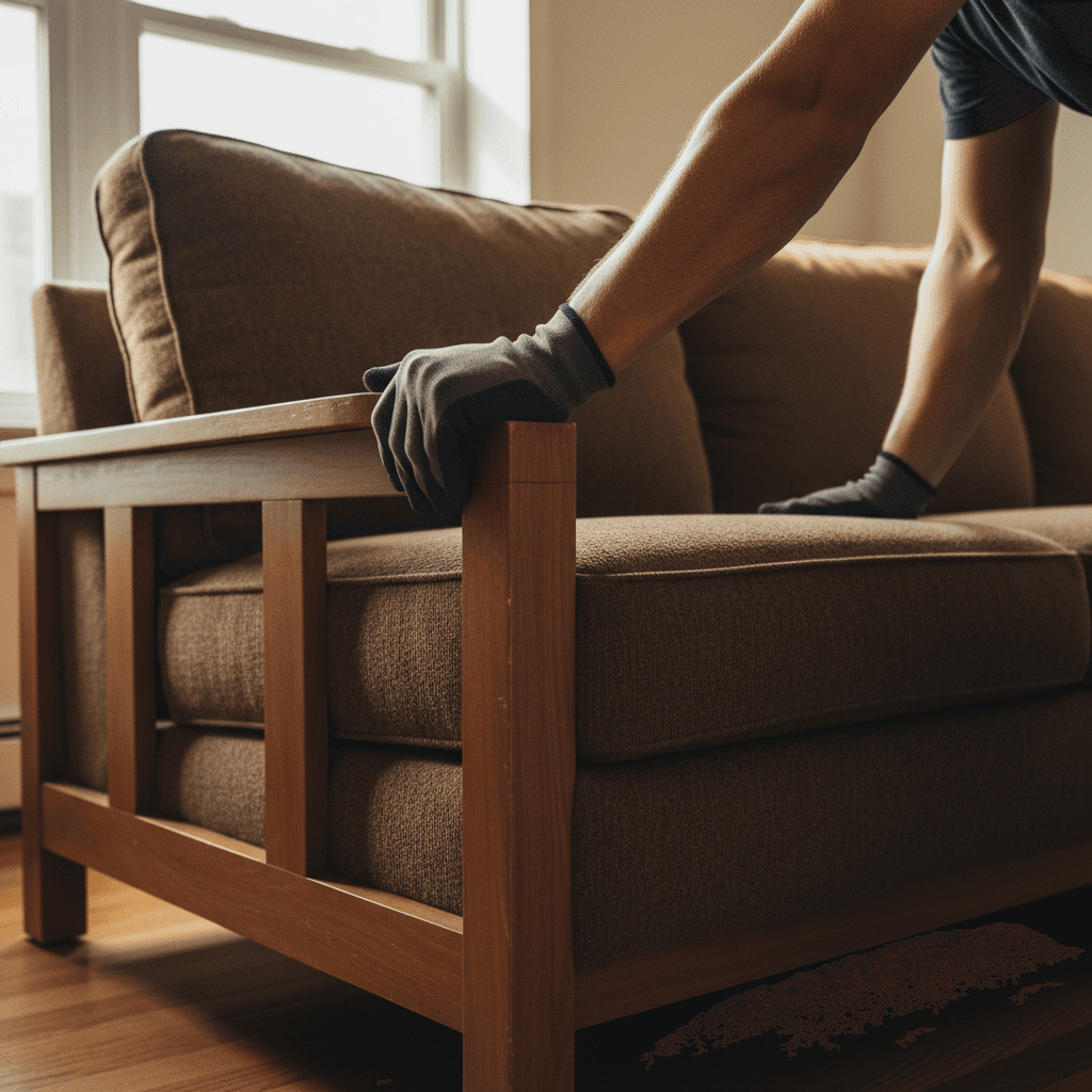 Crew member gripping sectional sofa for removal