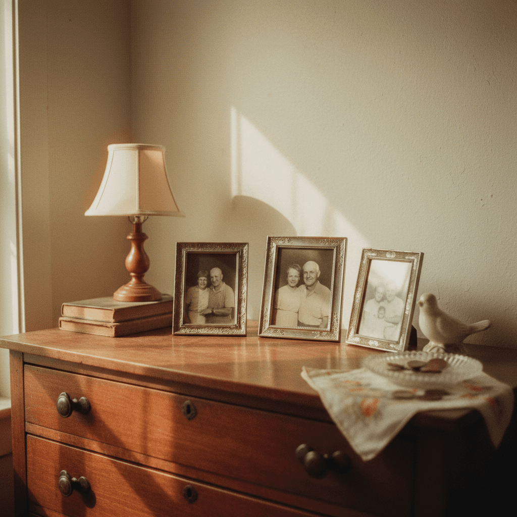 Close-up of bedroom furniture and personal items being respectfully cleared during an estate cleanout