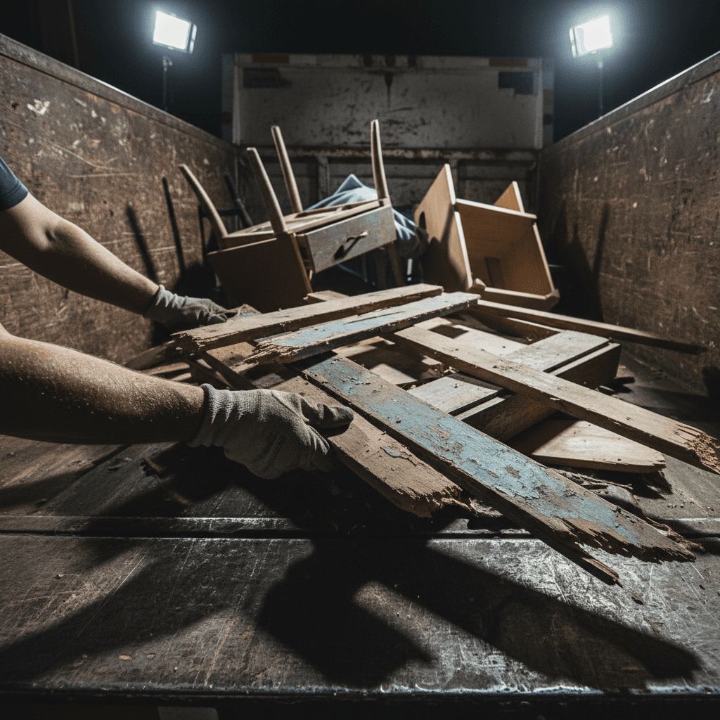 Crew member loading worn furniture into removal truck