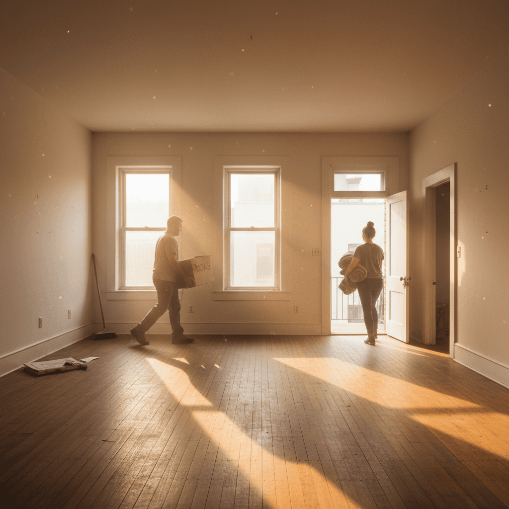 Two workers clearing items from an empty apartment during a full cleanout