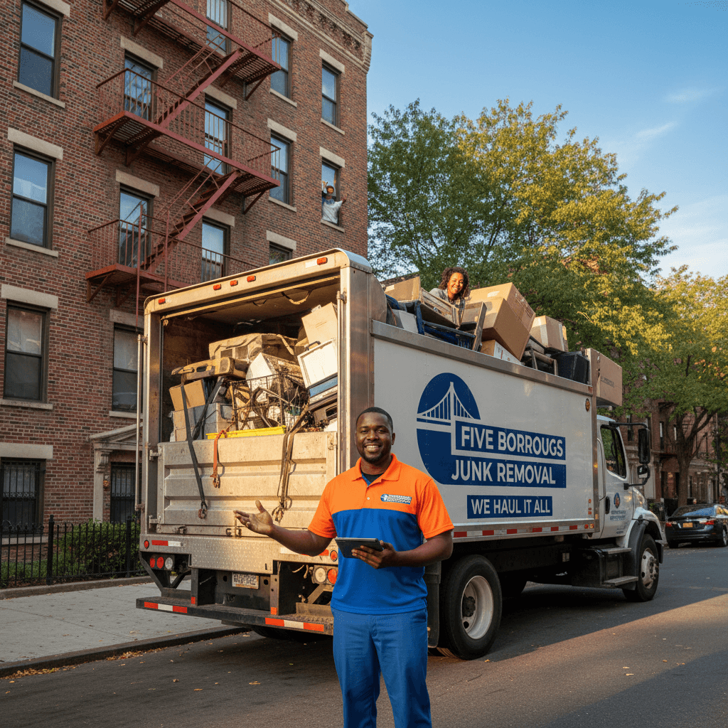 Crew member with completed truck removal on Bronx street
