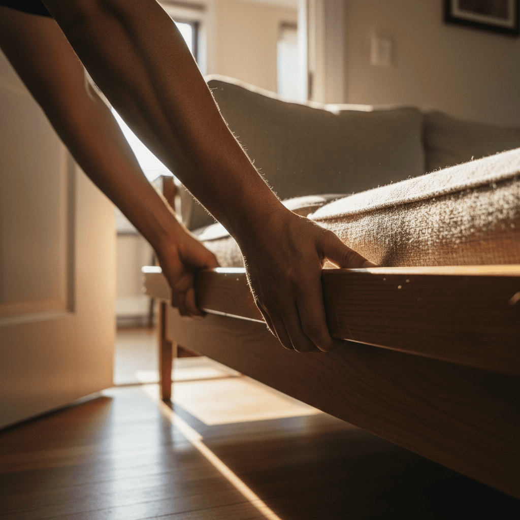 Hands gripping sofa frame during furniture removal