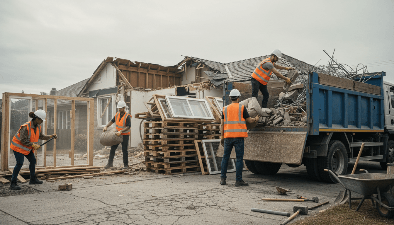 Five Boroughs demolition crew loading debris into removal truck at residential site