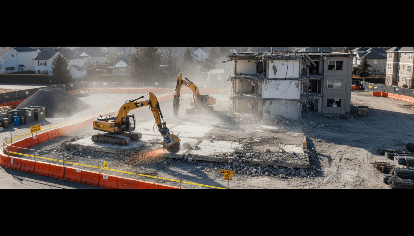 Professional demolition crew operating heavy machinery at a New York City demolition site
