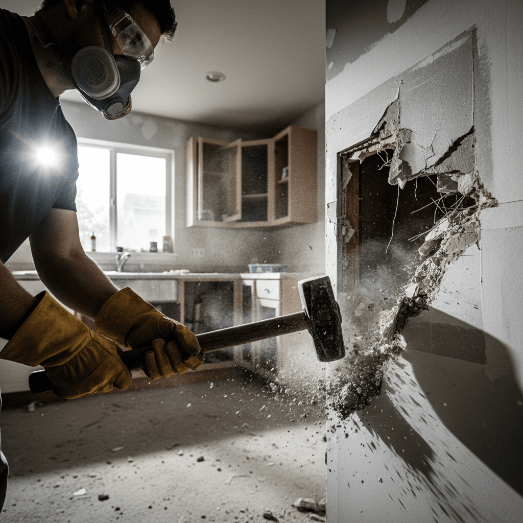 Licensed demolition worker carefully removing a non-load-bearing wall with a reciprocating saw