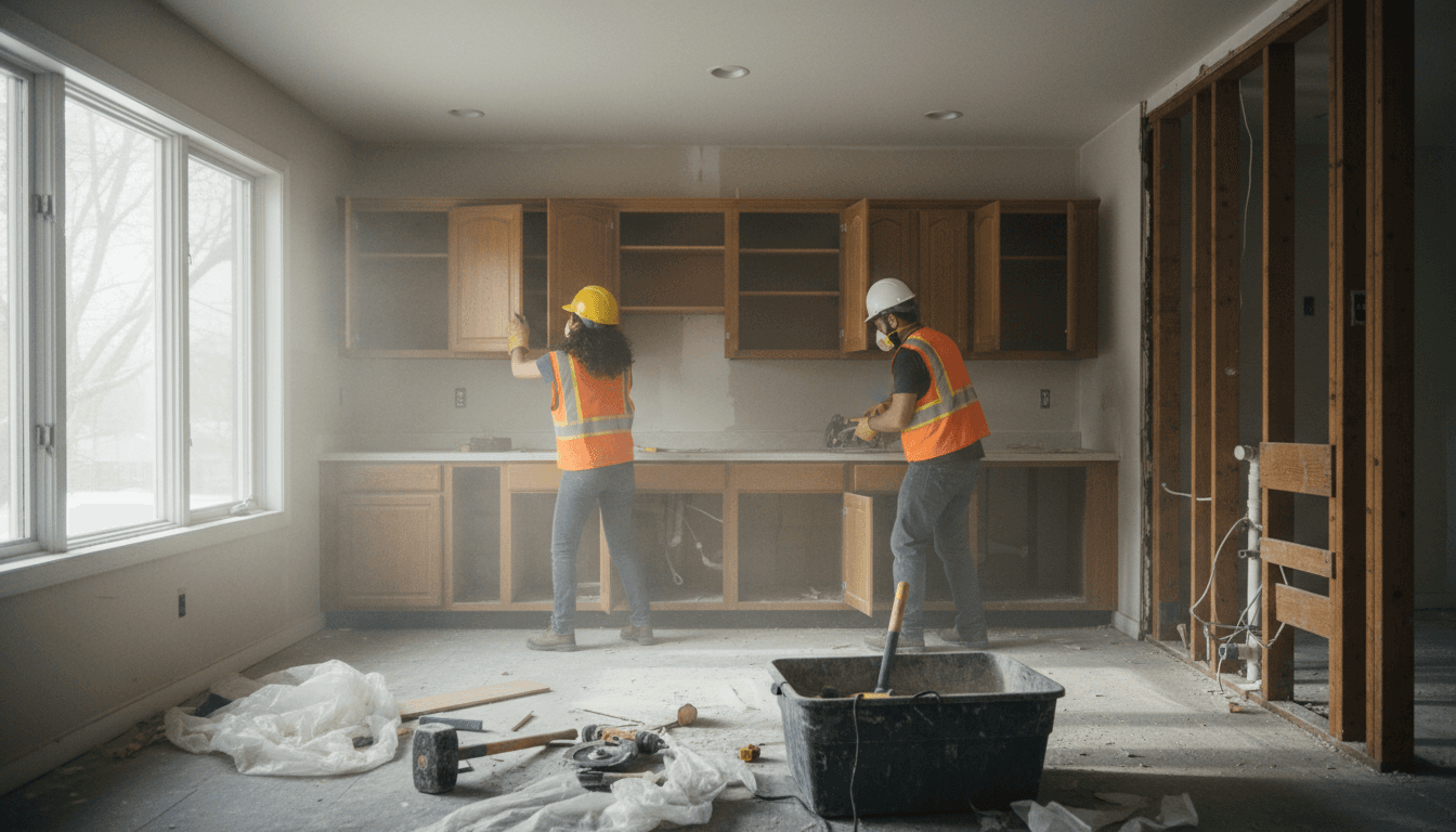 Demolition worker removing interior cabinetry from a residential kitchen renovation space