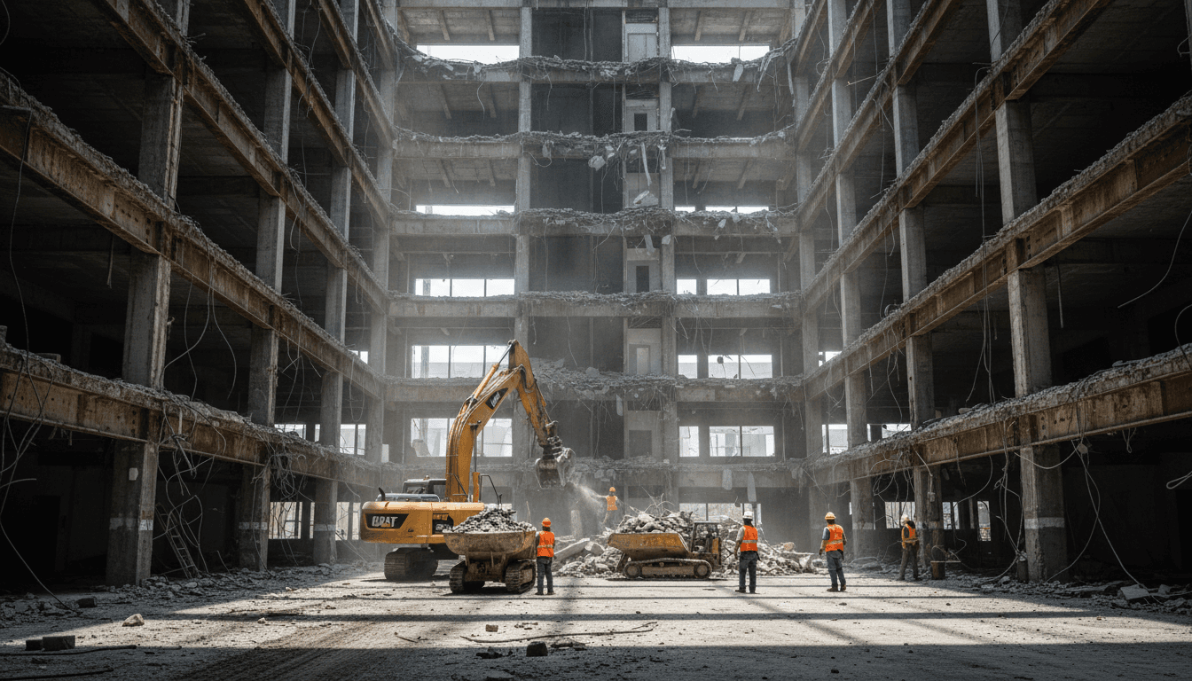Commercial demolition project with coordinated crew managing large interior space removal
