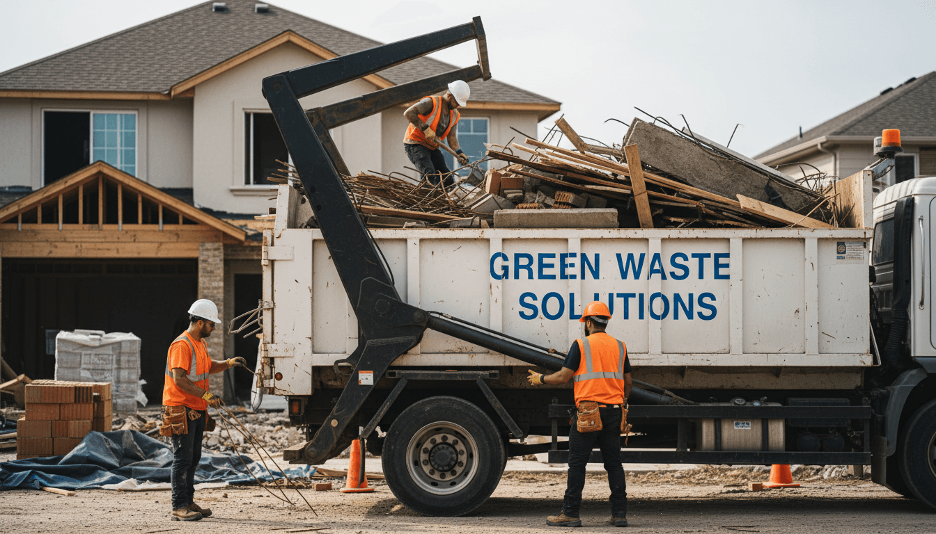 Construction debris removal crew loading demolition waste into licensed truck at New York job site